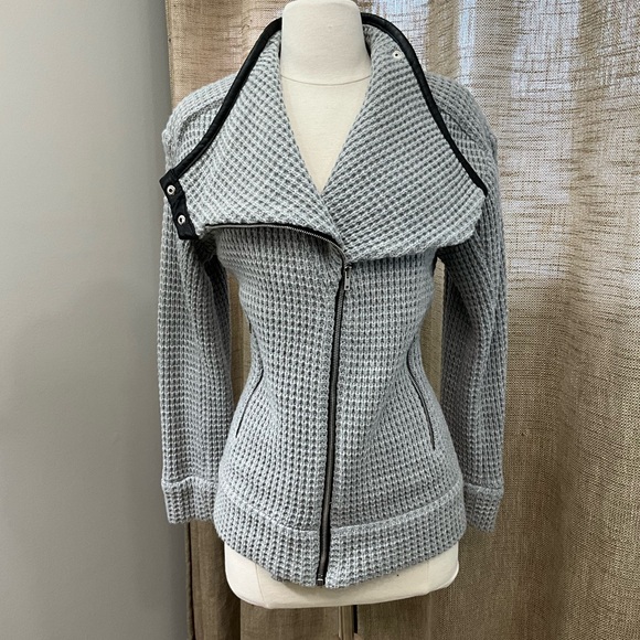 IRO Gray Asymmetrical Waffle Zip Moto Jacket Women's Sweater - Picture 3 of 7